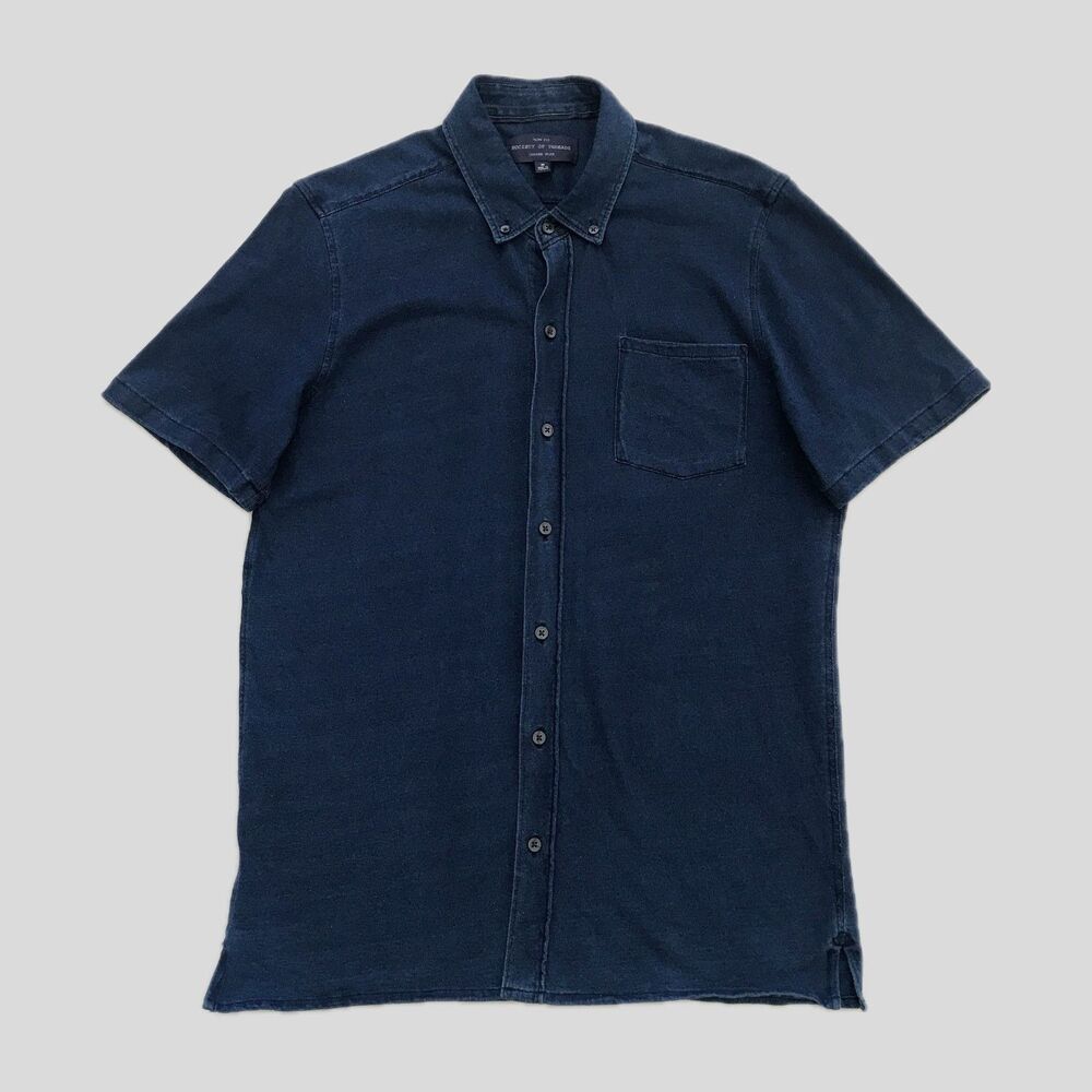 Society of Threads Indigo Blue Short Sleeve Slim Fit Stretch Casual Shirt Mens M